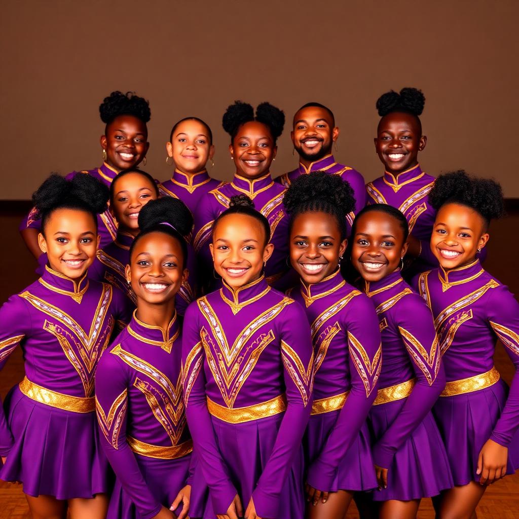 Mile High Legacy Steppers team portrait in purple and gold uniforms